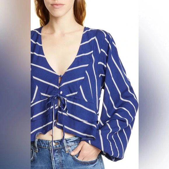 Free People Samifran Ruffle Peplum Cropped Top Blue White Stripes Size S - Picture 2 of 8